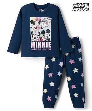 Babyhug Disney Single Jersey Knit Full Sleeves T-Shirt & Pyjama Night Suit With Minnie Mouse Graphics - Navy Blue