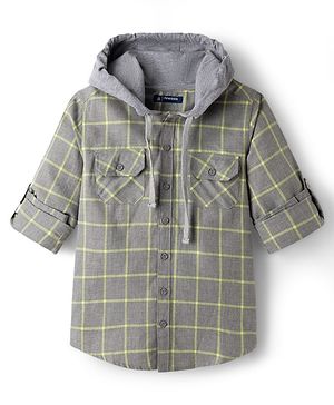 Pine Kids Cotton Woven Full Sleeves Hooded Checks Shirt - Black