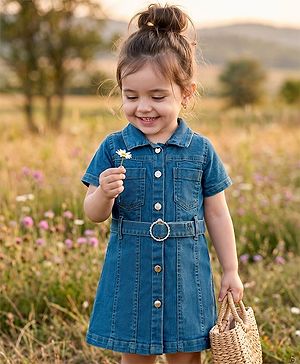 Babyhug Twill Woven One Piece Dress with Collar Neck and Short Sleeves Blue 6-9 Months