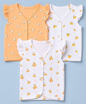 Babyhug 100% Cotton Interlock Knit Half Sleeves Front Open Jhablas With Floral & Fruit Print Pack of 3 - White & Peach