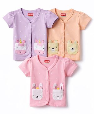 Babyhug 100% Cotton Interlock Knit Half Sleeves Jhablas With Polka Dots Print & Animal Applique Pockets Pack of 3 - Multicolor