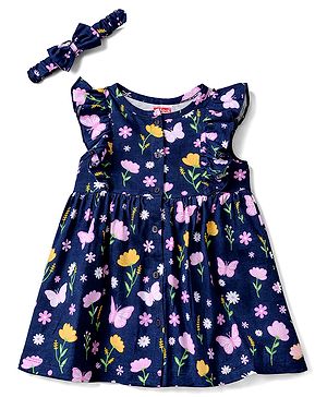 Babyhug Single Jersey Knit Frill Sleeves One Piece Frock & Headband With Floral Print - Navy Blue