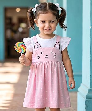 Babyhug Single Jersey Knit Frill Sleeves Heart Printed Frock with Kitty Embroidery - Pink