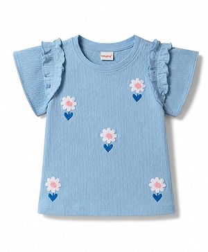 Babyhug 100% Cotton Knit Half Sleeves Floral Embroidered Top - Light Blue