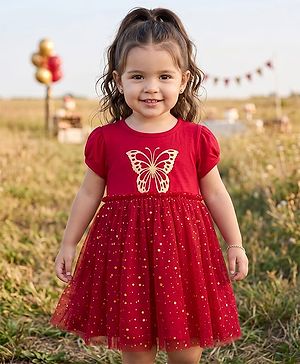 Babyhug Cotton Knit One Piece Dresses / Frocks with Butterfly Print Dark Pink 9-12 Months