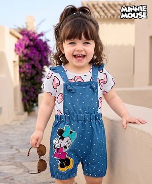 Babyhug Disney Cotton Knit Half Sleeves T-Shirt & Dungaree Set with Minnie Mouse Graphic - Multicolor
