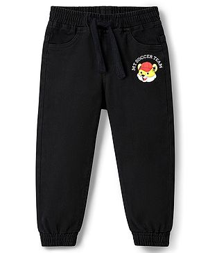 Babyhug Full Length Washed Denim Jogger With Tiger Print & Stretch - Black