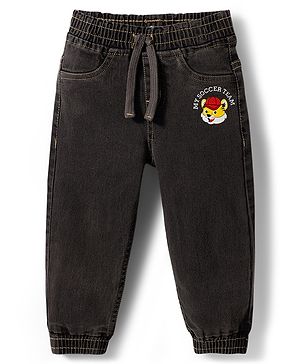 Babyhug Denim Washed Full Length Jeans With Stretch & Lion Print - Charcoal Grey
