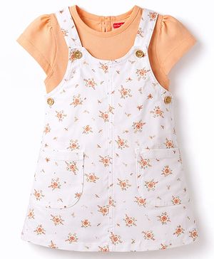 Babyhug Twill Woven Sleeveless Straight Cut Pinafore Frock & Half Sleeves T-Shirt With Floral Print - White
