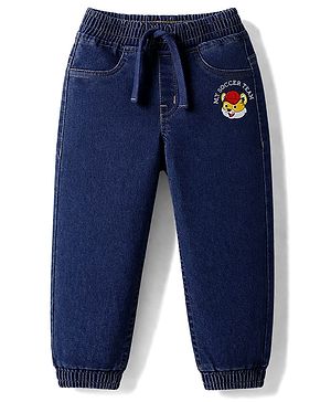 Babyhug Full Length Washed Denim Jeans with Tiger Print & Stretch - Navy Blue