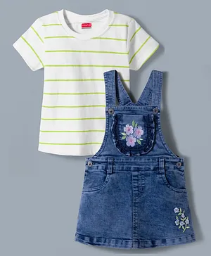 Babyhug Denim Woven Frock with
                                  Striped Inner Tee & Floral
                                  Embroidered - Blue