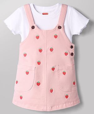 Babyhug Twill Woven Frocks with Inner Tee Strawberry Embroidered Pink 12-18 Months