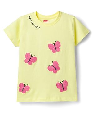 Babyhug Cotton Knit Half Sleeves T-Shirt with Butterfly Print - Lemon