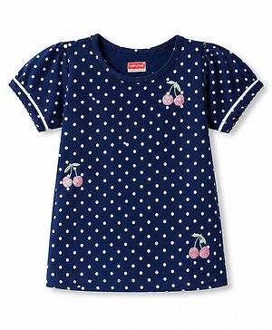 Babyhug Cotton Knit Half Sleeves T-Shirt With Polka Dots Print & Cherry Sequin Detailing - Navy Blue