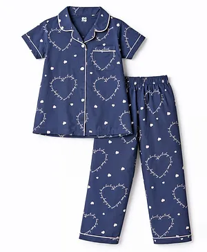 Evimo Single Jersey Knit Half Sleeves
                              Hearts Printed Co-Ords Top & Pyjama
                              Night Suit - Navy Blue