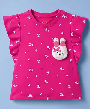 Babyhug Knit Half Sleeves Floral
                              Printed T-Shirt With Bunny Applique - Dark
                              Pink