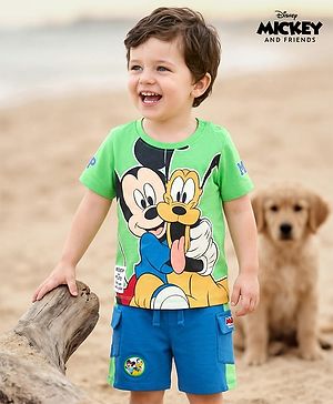 Babyhug Disney Single Jersey Knit Half Sleeves T-Shirt & Shorts Set with Mickey Mouse Graphic - Multicolor