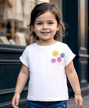 Babyhug Cotton Knit Half Sleeves T-Shirt With Crochet Flowers Print - Multicolor