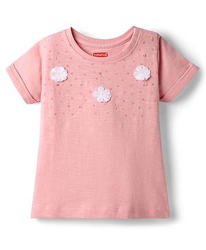 Babyhug Cotton Knit T-Shirt with Georgette Flower Detailing Multi Color 18-24 Months