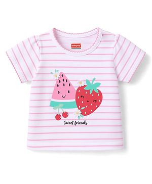 Babyhug Cotton Knit Half Sleeves Striped T-Shirt With Floral Applique & Fruit Print - Multicolor