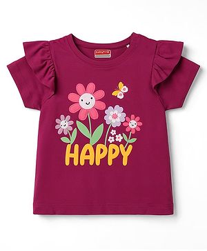 Babyhug Cotton Knit Half Sleeves T-Shirt With Floral Embroidery - Multicolor