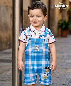 Babyhug Disney 100% Cotton Knit Half Sleeve Dungarees & Polo T-Shirt With Mickey Mouse Print - Multicolour