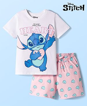 Pine Kids Disney Single Jersey Knit Half Sleeves T-Shirt & Shorts Night Suit With Stitch Graphics - Multicolor