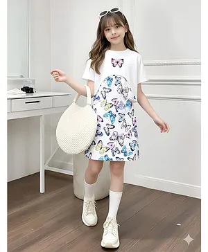 Bolly Lounge Cotton Blend Knit
                                  Half Sleeves Butterfly Printed Dress
                                  With Tee - White