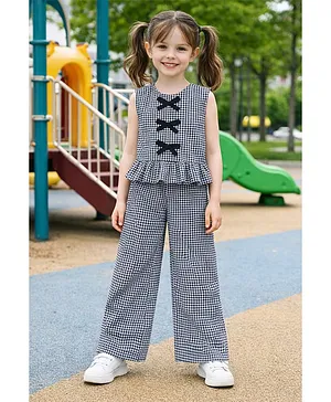 Aww Hunnie Cotton Woven Sleeveless
                              Checked & Bow Applique Detailed
                              Coordinating Top & Palazzo Set - Grey