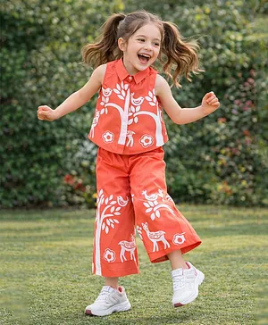Aww Hunnie Woven Sleeveless Tree
                              & Bird Printed Shirt & Palazzo Set
                              - Red