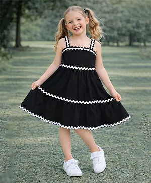 Aww Hunnie Cotton Woven
                                  Sleeveless Ric Rac Lace Applique
                                  Detailed Dress - Black