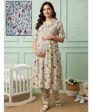 Dummy Shape Cotton Blend Woven Half
                              Sleeves Abstract Printed Maternity Kurti
                              With Side Zipper Nursing Access & Pant
                              Set - Yellow