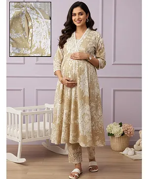 Dummy Shape Cotton Blend Woven Three
                              Fourth Sleeves Floral Printed Maternity
                              Kurti With Side Zipper Nursing Access
                              & Pant Set - Yellow