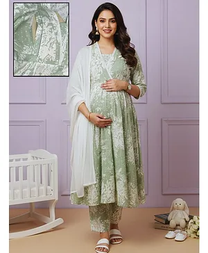 Dummy Shape Cotton Blend Woven Three
                              Fourth Sleeves Floral Printed Maternity
                              Kurti With Side Zipper Nursing Access With
                              Pant & Dupatta Set - Green