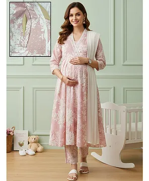 Dummy Shape Cotton Blend Woven Three
                              Fourth Sleeves Floral Printed Maternity
                              Kurti With Side Zipper Nursing Access With
                              Pant & Dupatta Set - Pink