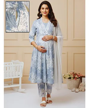 Dummy Shape Cotton Blend Woven Three
                              Fourth Sleeves Floral Printed Maternity
                              Kurti With Side Zipper Nursing Access With
                              Pant & Dupatta Set - Blue