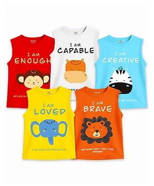KUCHIPOO Cotton Pack Of 5 Sleeveless Animals Printed -Multi Colour