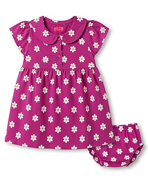 Babyhug 100% Cotton Knit Half Sleeves Floral Printed Frock With Bloomer - Purple