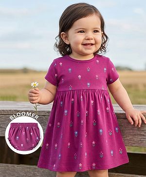 Babyhug 100% Cotton Interlock Knit Half Sleeves Floral Printed Frock With Bloomer - Purple