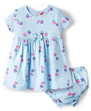 Babyhug Cotton Knit Frocks with Bloomer/Short Half Sleeves Round Neck All Over Prints Blue 0-0 Months