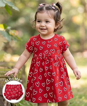Babyhug 100% Cotton Interlock Knit Half Sleeves Heart Printed Frock With Bloomer - Red