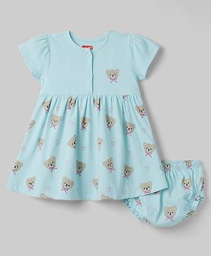 Babyhug 100% Cotton Knit Half Sleeves Bear Printed Frock with Bloomer - Sky