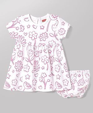 Babyhug 100% Cotton Woven Frocks with Bloomer Half Sleeves Round NeckFloral Prints Pink 6-9 Months