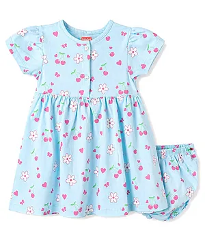 Babyhug Cotton Knit Frocks with
                                  Bloomer Half Sleeves Round Neck Floral
                                  Prints Blue New Born