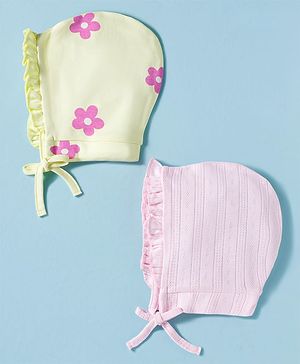 Babyhug 100% Cotton Interlock Knit Cap With Floral Print Pack of 2 Multicolor - Diameter 9 cm