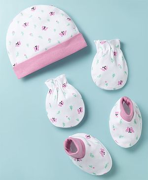 Babyhug 100% Cotton Knit Cap Mittens & Booties with Butterfly Print Multicolor - Diameter 8 cm