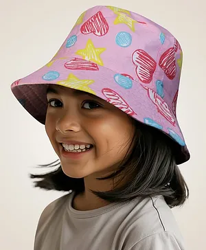 Vritraz Cotton Woven Stars & Hearts Printed Bucket Hat - Pink - Circumference 52-56 Cms