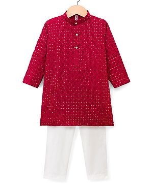 Babyhug Cotton Woven Full Sleeves Embroidered Kurta Pyjama Set With Sequin Detailing - Red