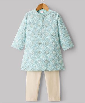 Babyhug Cotton Blend Woven Full Sleeves Floral Embroidered & Sequinned Kurta & Pyjama Set - Light Blue