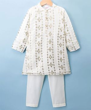 Babyhug Cotton Woven Full Sleeves Embroidered Kurta Pyjama Set - Offwhite